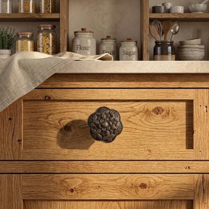 Antique Bronze Engraved Flower Cabinet Knob, Distressed Metal Furniture Hardware (1.8" H)