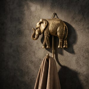 May include: A metallic gold-toned wall hook shaped like an elephant with detailed skin texture. The elephant figure is mounted to the wall with a small screw at the top, and a curved hook extends from the bottom, holding a folded beige fabric towel.
