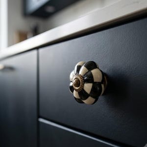 May include: A round, flower-shaped ceramic cabinet knob featuring a black and white checkered pattern. The center of the knob has a small, circular, metallic-toned brass accent piece with a ridged edge, mounted on a matte black drawer front.