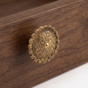 Antique Gold Engraved Flower Cabinet Knob, Vintage Floral Drawer Pull, Farmhouse Dresser Hardware