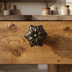 May include: A bronze-toned metal drawer knob shaped like a six-petaled flower with a central circular stud. The knob is mounted on a light brown wooden drawer front featuring visible wood grain patterns and natural knots in the timber surface.