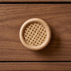 May include: A circular cabinet knob featuring a light-toned wooden frame surrounding a woven rattan center insert. The knob is mounted on a flat, dark brown wooden surface with a visible horizontal grain pattern and a thin horizontal seam.