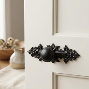 May include: A matte black metal door knob mounted on a white paneled door. The knob features a circular center with an ornate, elongated rectangular backplate that has decorative scrollwork and filigree detailing extending horizontally.