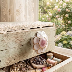 White Pink Gold Ceramic Flower Cabinet Knob – Cottage Farmhouse Drawer Pull