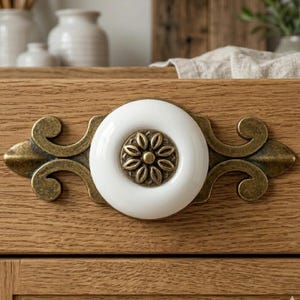 Vintage Bronze Ceramic Cabinet Knobs with Ornate Backplate, Bohemian Kitchen Hardware