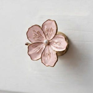 Pink Flower Drawer Knob, Enamel Petal Cabinet Pull, Floral Furniture Handle with Pearl Accent