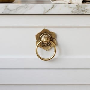 May include: A brass cabinet pull with a floral backplate and a circular handle. The hardware is mounted on a white cabinet door with horizontal paneling. The pull has an antique finish.