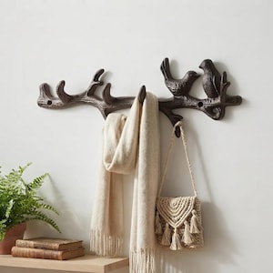 Cast Iron Tree Branch Wall Hook with Birds – Rustic Farmhouse Coat Rack