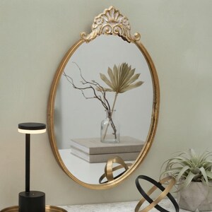 Gold Oval Wall Mirror, Ornate Vintage Metal Mirror, French Country Decorative Mirror, Elegant Bedroom & Bathroom Wall Decor