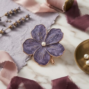 Purple Flower Drawer Knob, Enamel Petal Cabinet Pull, Floral Furniture Handle with Pearl Accent