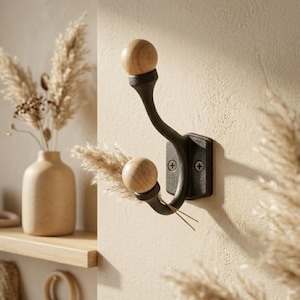 Black Metal Wood Accent Coat Hook – Modern Farmhouse Entryway Hanger