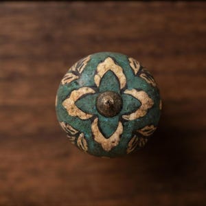 Antique Blue Floral Ceramic Cabinet Knob, Vintage Brass Dresser Pull, Farmhouse Handle