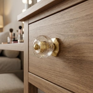 Crackle Glass Cabinet Knob: Clear Crystal Round Drawer Pull, Gold Furniture Hardware