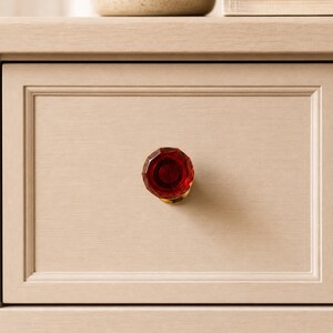 Ruby Red Glass Jewel Knob, Geometric Cabinet Handle, Silver Base Pull