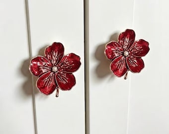 Red Flower Drawer Knob, Enamel Petal Cabinet Pull, Floral Furniture Handle with Pearl Accent