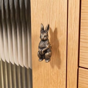 May include: A bronze-toned metal cabinet knob shaped like a sitting rabbit with detailed fur texture and pointed ears. The rabbit figure is mounted onto a light-colored wooden cabinet door panel with a vertical grain pattern and a fluted glass section.