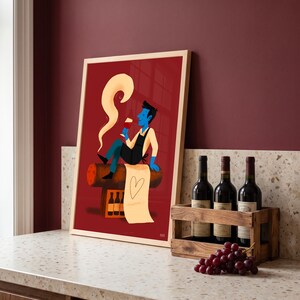 Lámina enmarcada de sumiller de vino y puros, 30x40 cm, ilustración de Cochevis, decoración para bodega o cocina, regalo para amantes del vino, marco de pino.