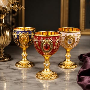 May include: Three ornate metal goblets featuring gold-tone stems and bases with intricate filigree detailing. The cups are finished in blue, red, and white enamel, each centered with a large, faceted jewel and accented with small clear crystals.