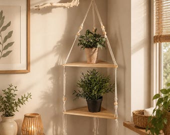 Wooden Corner Shelf Wall Decor | Macrame Floating Shelf | Boho Hanging Plant Shelf | Rustic Wall Organizer | Nordic Home Decor