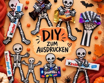 Könnte beinhalten: Eine Sammlung von Papierskelett-Ausschnitten, die verschiedene Riegel wie Kinder, Smarties und Snickers halten. In der Mitte steht der Text DIY ZUM AUSDRUCKEN. Die Skelette sind mit kleinen Kürbissen und Herbstblättern arrangiert.