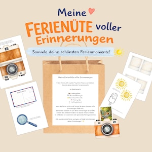 Könnte beinhalten: Eine braune Papiertüte umgeben von bedruckten Aktivitätsblättern mit Aquarellillustrationen einer Kamera, einer Postkarte, einer Lupe, eines Eis am Stiel und Sonnen, mit dem deutschen Text Meine Ferienüte voller Erinnerungen.