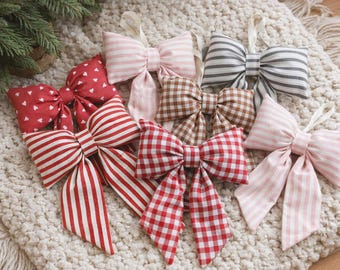 Farmhouse Fabric Door Bow, Neutral Stripe Bow Decor, Front Door Hanging Bow, Gingham Bow, Rustic Scandinavian Home Decor
