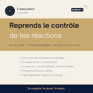 Puede incluir: Una guía titulada "Reprends le contrôle de tes réactions" con el texto "Guide N° 1". La portada presenta un logotipo circular y viñetas que detallan el contenido de la guía, incluyendo ejercicios y un programa de 30 días.