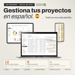 Puede incluir: Imagen promocional de una herramienta de gestión de proyectos en español, que muestra un portátil, una tableta y un smartphone que muestran paneles de control de proyectos y diagramas de Gantt. La imagen incluye texto en español.