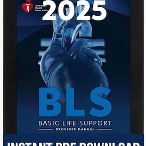 Op de afbeelding: Een digitale tablet toont een blauw-witte omslag voor een Basic Life Support (BLS) handleiding. De omslag bevat de tekst "2025" en "BLS" in grote witte en blauwe lettertypen, met het logo van de American Heart Association. De onderste banner luidt "DIRECTE PDF DOWNLOAD."