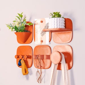 May include: A set of six modular wall-mounted organisers in a matte burnt orange finish. The system includes a cone-shaped planter, a flat display panel with two small pegs, a small shelf, a triple-hook rack, a horizontal bar, and a large circular hook.