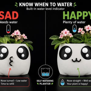 Peut inclure: Un pot de fleurs auto-arrosant blanc avec un motif de visage de panda noir. Le pot dispose d'un indicateur de niveau d'eau intégré où la position du nez change pour indiquer l'état de l'eau : tourné pour un niveau bas et droit pour bien arrosé.