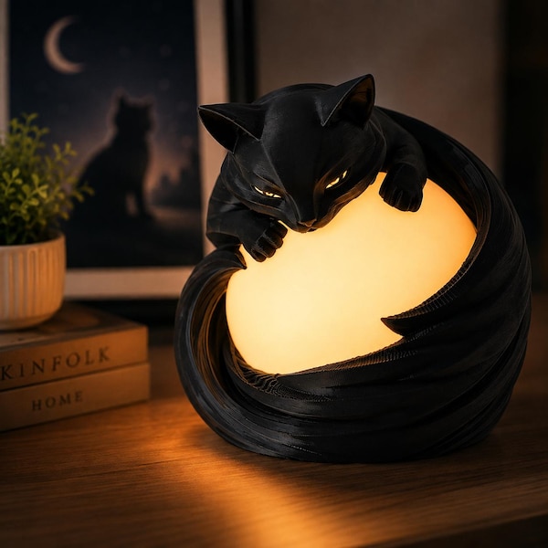 3D Printed Moon Cat Lamp – RGB USB Night Light, Ambient Table Lamp
