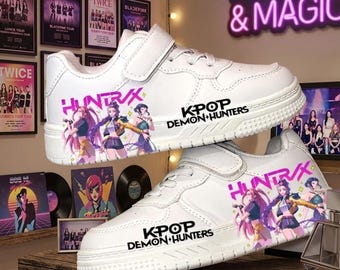 K Pop Demon Hunter Kids Shoes  Custom Graphic Shoes for Kids  White Trainers Otaku Cartoon Fashion Gift Demon hunter shoes