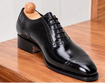 Handmade Black Shiny Calf Leather Cap Toe Oxford Shoes: Men's Brogue Formal Dress Shoes