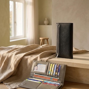 May include: A black textured leather wallet stands upright with a vertical zippered pocket, while an open taupe wallet lies flat, displaying multiple card slots, a clear identification window, and several colourful credit cards inside.