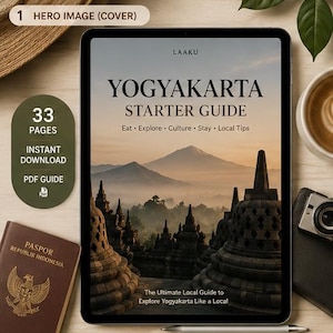 Pode incluir: Um tablet digital exibindo a capa de um guia de viagem em PDF de Yogyakarta com uma paisagem de antigas estupas de pedra e uma montanha ao amanhecer. O texto diz Yogyakarta Starter Guide, Eat, Explore, Culture, Stay, Local Tips e Laaku.