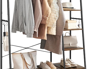 Industrial 5-Tier Shoe Rack, Metal Coat Storage Shelf, Rustic Brown Entryway Organizer