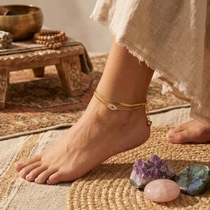 Layered Evil Eye Ankle Bracelet | Gold Stainless Steel Boho Protection Jewelry