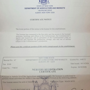 May include: A New York State Department of Agriculture and Markets Nursery Registration Certificate for Tao's Botanicals. The document features the state seal, license number 648112, issue date 04/14/2026, expiration date 04/30/2028, and the signature of Commissioner Richard A. Ball.