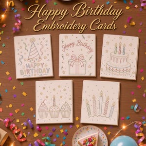 Op de afbeelding: Vijf vierkante wenskaarten met geborduurde verjaardagsontwerpen, waaronder een feesthoed, een cadeau, een taart, drie cupcakes en vijf kaarsen. De tekst Happy Birthday Embroidery Cards staat bovenaan de afbeelding.