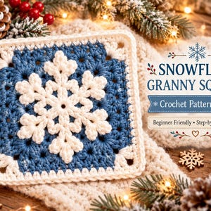 May include: A square crochet piece featuring a white snowflake motif centered on a blue background with a white border. The text reads: SNOWFLAKE GRANNY SQUARE Crochet Pattern PDF Beginner Friendly Step-by-Step Guide.