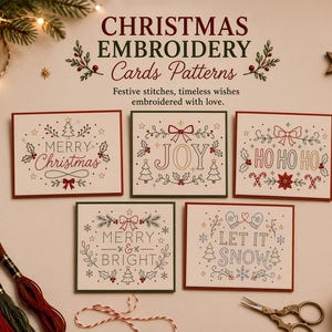 May include: Five rectangular cards featuring Christmas embroidery patterns with text reading Merry Christmas, JOY, HO HO HO, MERRY & BRIGHT, and LET IT SNOW. The designs include stitched trees, bows, holly, and candy canes in red, green, and gold thread.