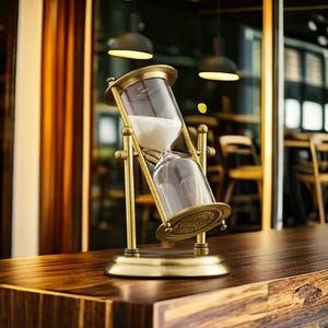 May include: An antique-style hourglass with a brass frame and clear glass bulbs. The hourglass is filled with white sand and is set on a wooden surface. The design features decorative detailing and a classic aesthetic.