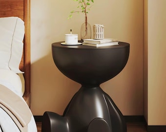 Modern Round Side Table Sculptural Matte Black Accent Table for Living Room Bedroom Small Space Nightstand Decor