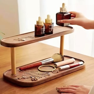 Wooden Jewelry Organizer Stand Two Tier Vanity Organizer Solid Wood Storage Shelf Dressing Table Makeup Display Rack