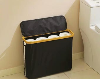 Cesta para guardar papel higiénico con tapa y ventana. Organizador de baño para rollos adicionales. Cesta de almacenamiento delgada que ahorra espacio.