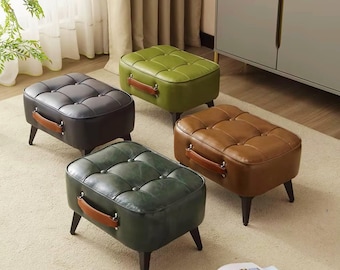 Leather Ottoman Stool Footrest Bench Small Upholstered Seat Entryway Shoe Bench Modern Living Room Bedroom Furniture