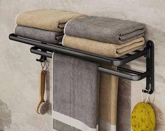 Wall Mounted Towel Rack with Shelf Matte Black Folding Bathroom Organizer with Hooks Space Saving Towel Holder
