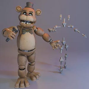 May include: A brown bear animatronic figure wearing a black top hat and bow tie, holding a microphone in one hand. Beside the figure are several detached silver-colored mechanical joint components, including arm and leg segments, displayed separately.