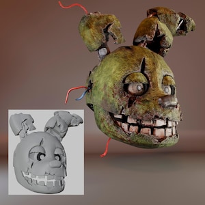Puede incluir: Una cabeza de conejo animatrónico de color verde oliva desgastada con una superficie texturizada, cables expuestos y una amplia sonrisa con dientes. Una versión de modelo 3D gris sin textura de la misma cabeza se muestra en la esquina inferior izquierda.